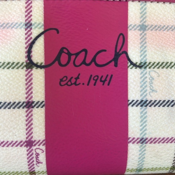 Coach Peyton Tattersall Coated Canvas and Leather Plaid Pink Stripe Cosmetic Bag - Picture 2 of 9